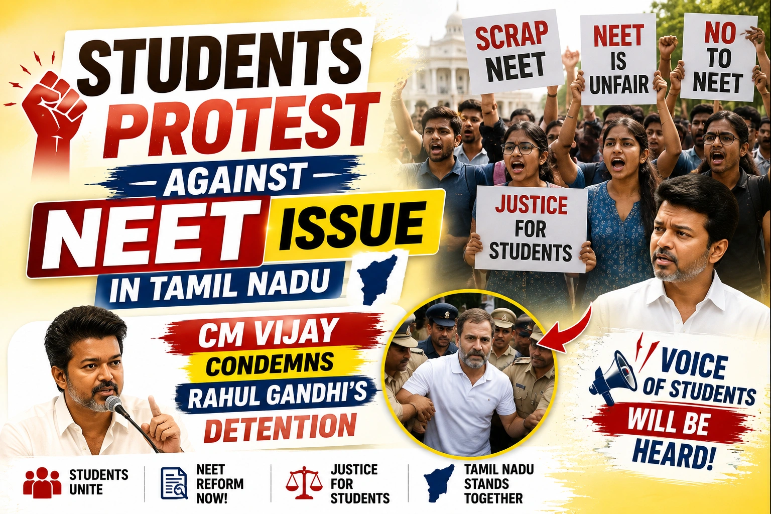 Students Protest Against NEET Issue in Tamil Nadu-CM Vijay Condemns Rahul Gandhis Detention